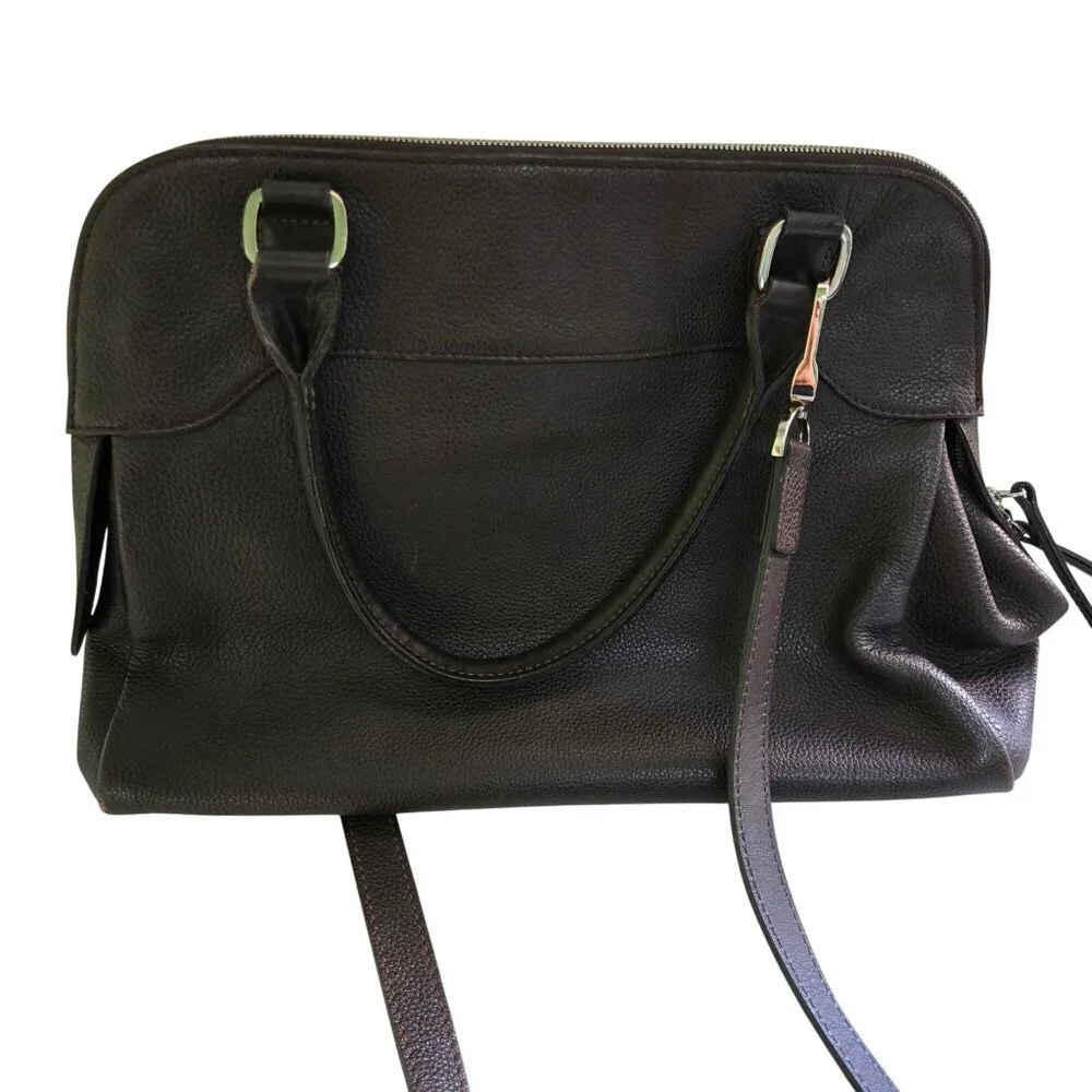 Longchamps Brown Pebbled Leather Top Handle Two Way Zip Satchel Crossbody